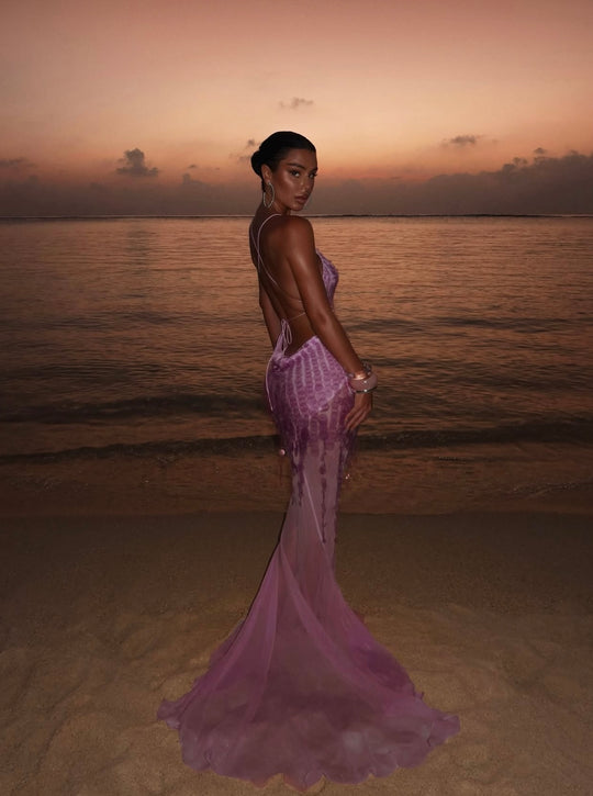 Tassel Sequin Fishtail Halter Dress V-