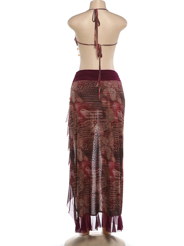 Lisa Crop Tops+Mesh Ruffles Splits