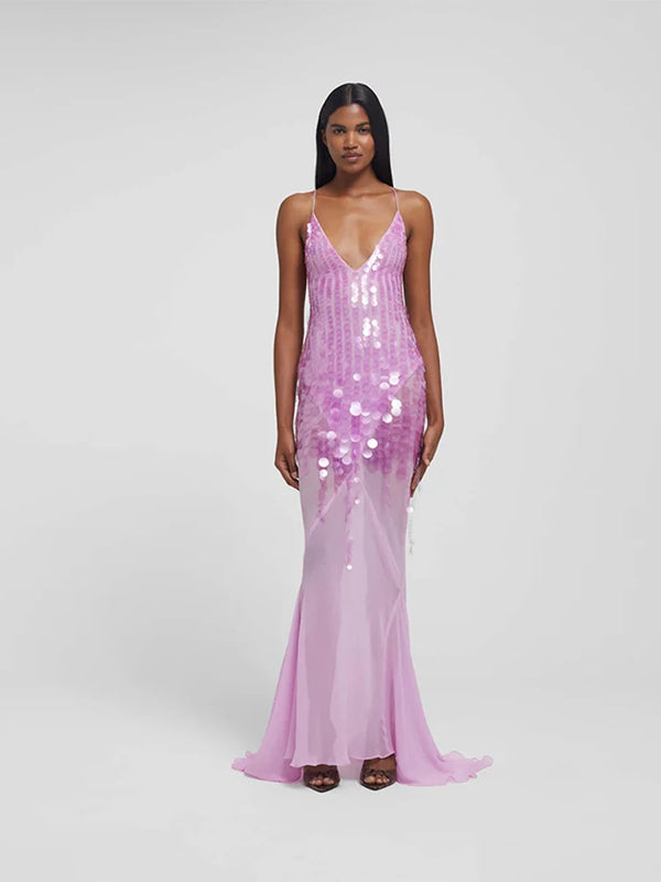 Tassel Sequin Fishtail Halter Dress V-