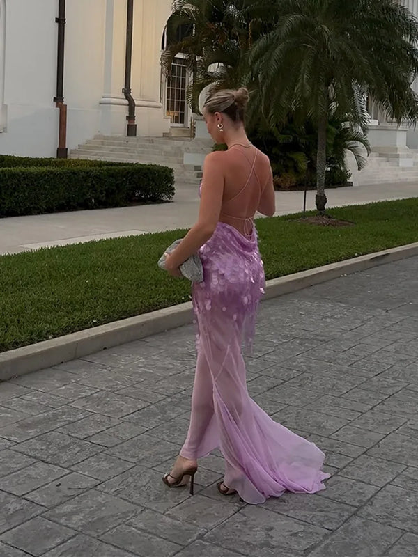 Tassel Sequin Fishtail Halter Dress V-
